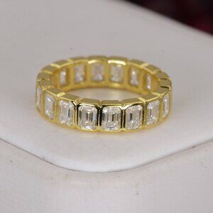 Certified Moissanite Emerald Cut Wedding Band Ring  YG